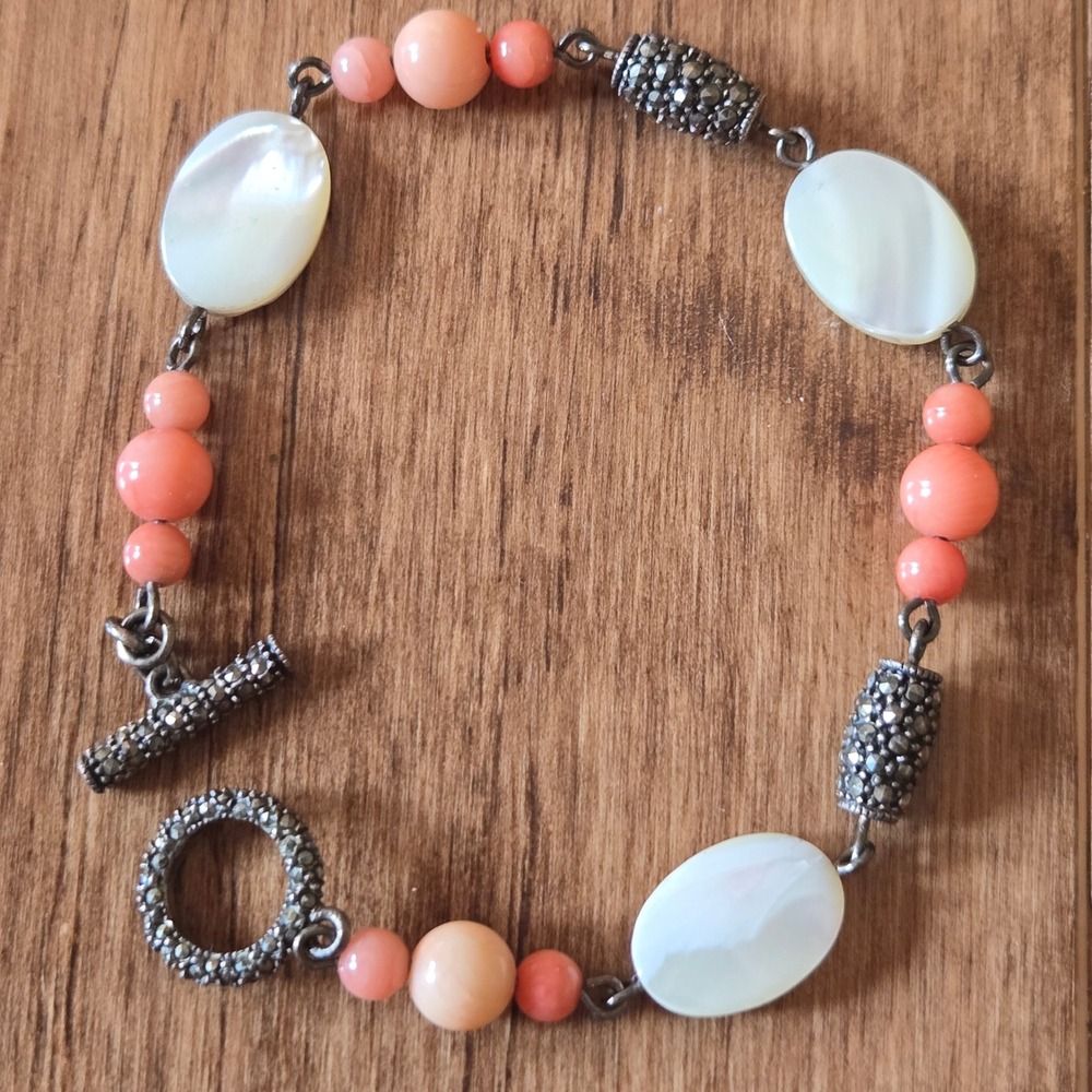 Vintage Style Marcasite Mother of Pearl and Coral Bead Toggle Bracelet 7.5"